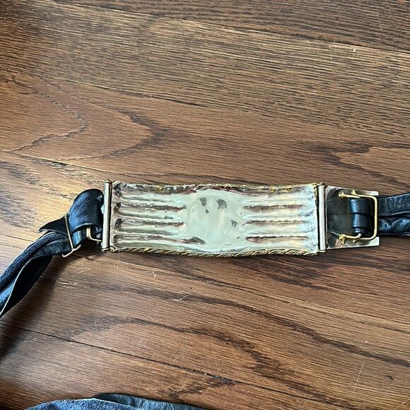 Unique Vintage 80s silver & gold statement belt with‎ black leather band main image 5